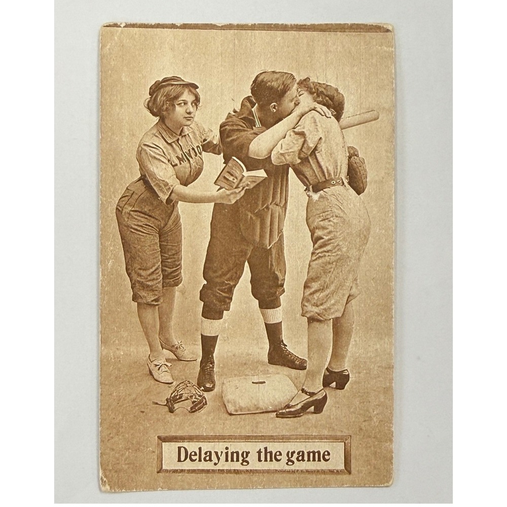Vintage 1912 Baseball Postcard Delaying The Game Humorous Umpire Kiss Sepia NY